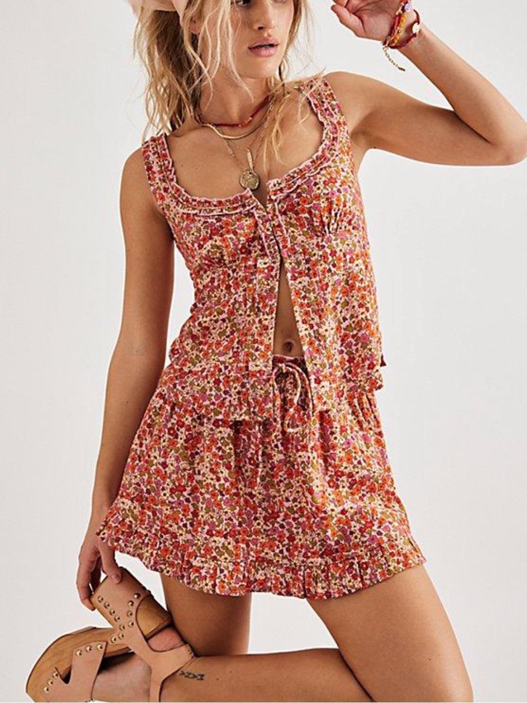 Nwot Free People Ellia Printed Skort Set- Red & Pink Floral